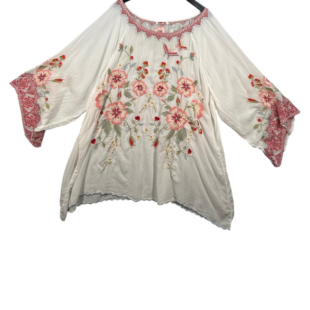 Johnny Was White Floral Embroidered Tunic with Pink and Red Accents - Picture 15 of 16